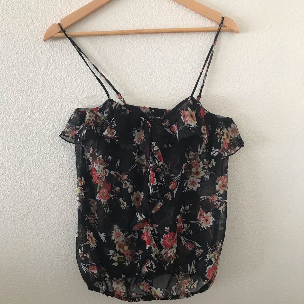 NWOT Forever 21 sheer black floral Ruffle top SZ S